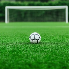 Fototapeta premium A Close-Up of a Classic Black and White Soccer Ball Placed on a Lush Green Grass Field with a Goal in the Background on a Bright Sunny Day