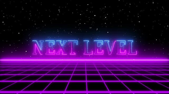 "Next Level" text animation on Sci-Fi Background Futuristic with laser grid landscape.