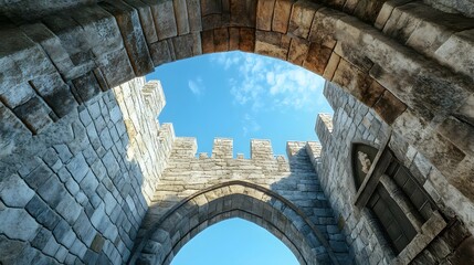 Stone Archway Leads To Blue Sky Above Castle Walls