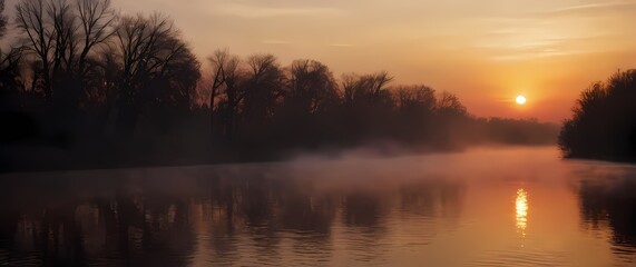 Naklejka premium A tranquil scene of a quiet riverbank at sunset with trees silhouetted against the vibrant colors of the sky