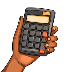 Hand holding calculator with finance icon, business accounting tool in cartoon style, digital mathematics device concept, financial equipment illustration isolated