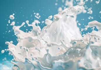 white milk or yogurt splash in wave shape isolated on blue background, 3d rendering Include clipping path.
