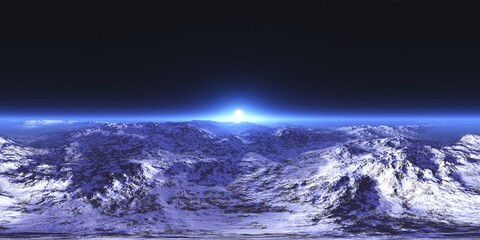 Naklejka premium HDRI, Round panorama, spherical panorama, sunrise over the planet, sunrise over the icy moon, 3D rendering