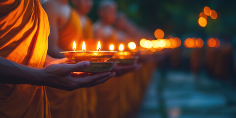 Monks Holding Candles in a Peaceful Magha Puja Procession with Soft Golden Light and Focus on Candle Flames