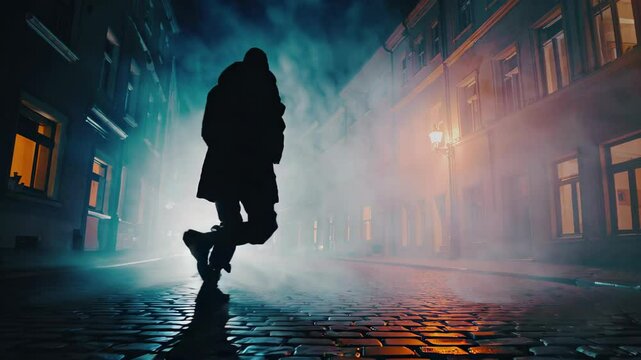 lone figure walking on a foggy, dimly lit street at night under streetlights, evoking themes of urban danger, stalking and suspense