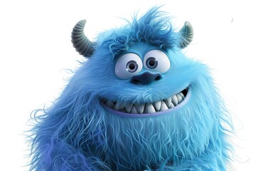 A cheerful blue monster with horns smiles broadly.  Its fluffy fur and big eyes create a playful mood.