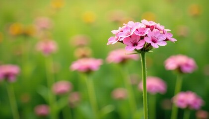 Low-growing pink flowers on a white stem in a garden field, herb, yarrow