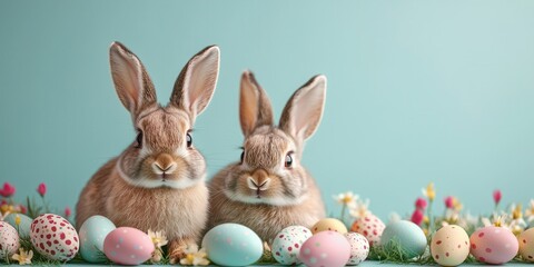 Easter bunny and hope concept. Two decorative rabbits with colorful Easter eggs and flowers.
