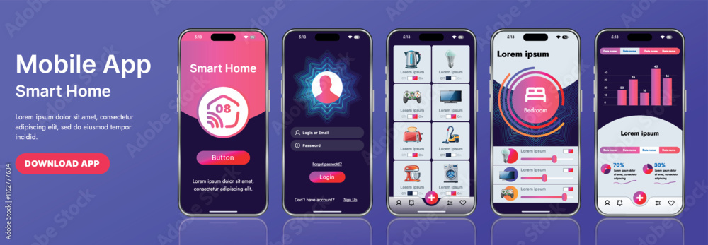 Poster a sleek smart home application interface template featuring modern icons and a gradient design. incl