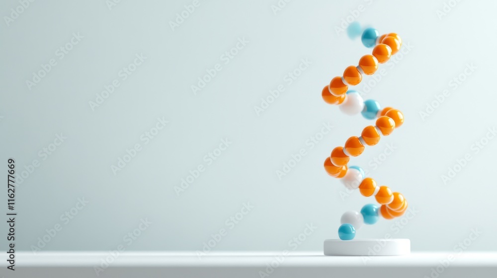 Poster a 3d representation of a dna double helix with colorful molecular spheres on a clean, minimalistic b