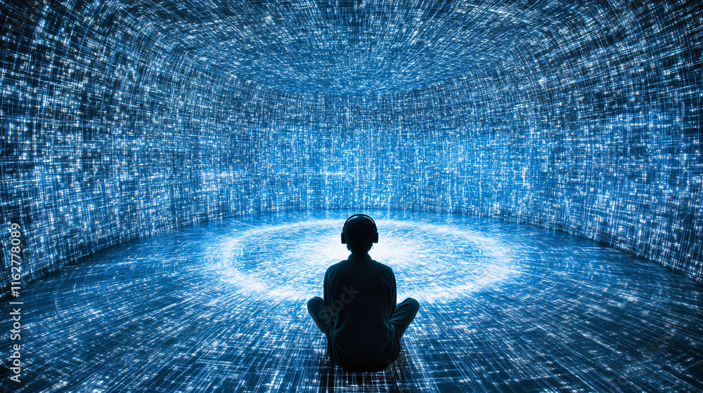 Aufkleber a person sits in a digital space surrounded by flowing data, suggesting immersion in technology and 