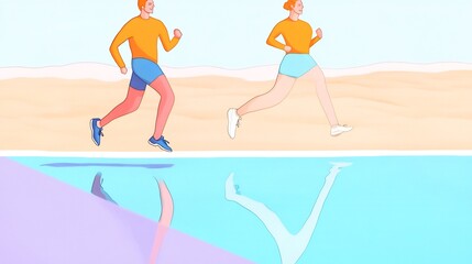 Energetically Running Couple: Vibrant Beach Illustration, Minimalist Style. AI Generated