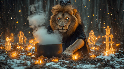 lion in witch costume stirs steaming cauldron in mystical forest, surrounded by glowing candles and magical symbols, creating enchanting atmosphere