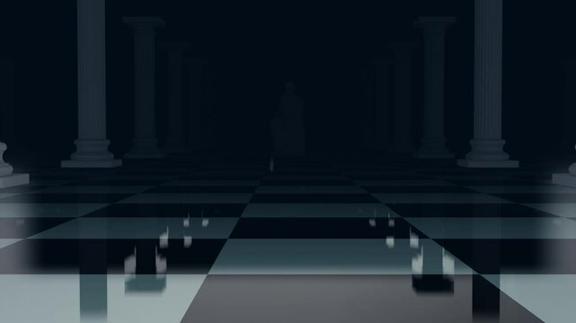 dark interior motion,walking on checker foor an columns corridor on dark 
