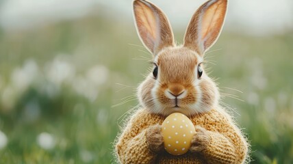 Obraz premium Easter bunny and hope concept. Cute rabbit holding a decorated egg in a grassy field.