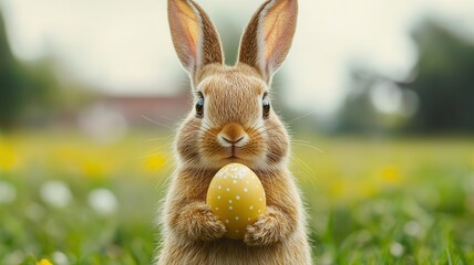 Fototapeta premium Easter bunny and hope concept. Cute bunny holding a yellow Easter egg in a sunny field.