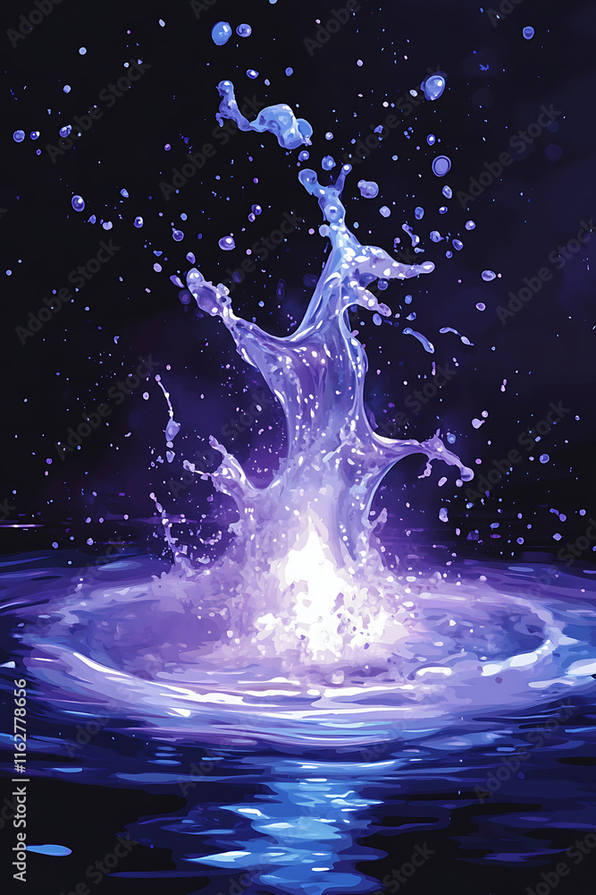 Poster a vibrant splash of water illuminated by light, creating a dynamic and artistic visual effect.