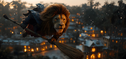 lion dressed as witch flies on broomstick over magical village at dusk, surrounded by glowing windows and palm trees, creating whimsical and enchanting scene