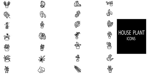 House plant simple concept 28 icons set. Contains such lady palm, blue columnar cactus, potted plant, sansevieria  plant, parlor palm .Vector illustration.