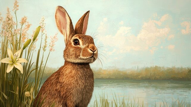 Easter bunny and hope concept. Rabbit in a serene landscape by a lake with flowers.