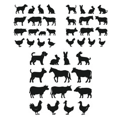 Vector Animal Icons Farm and Pet Silhouettes on White.