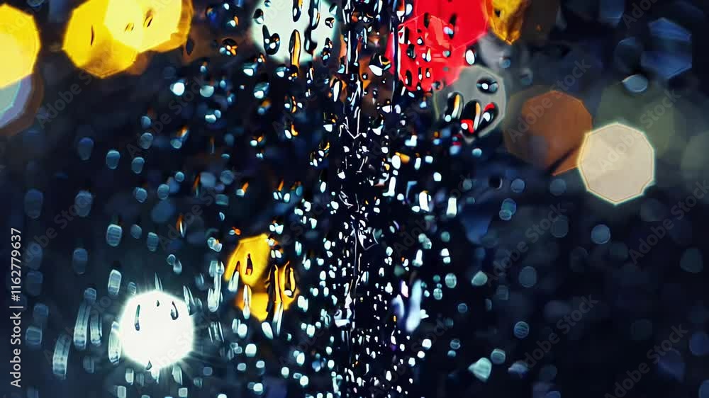 Poster water droplets on a window reflecting colorful city lights, creating a vibrant bokeh effect with a m