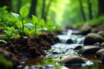 Saplings planted along a forest stream with water flowing over rocks and roots, forest regeneration, forest floor, renewal