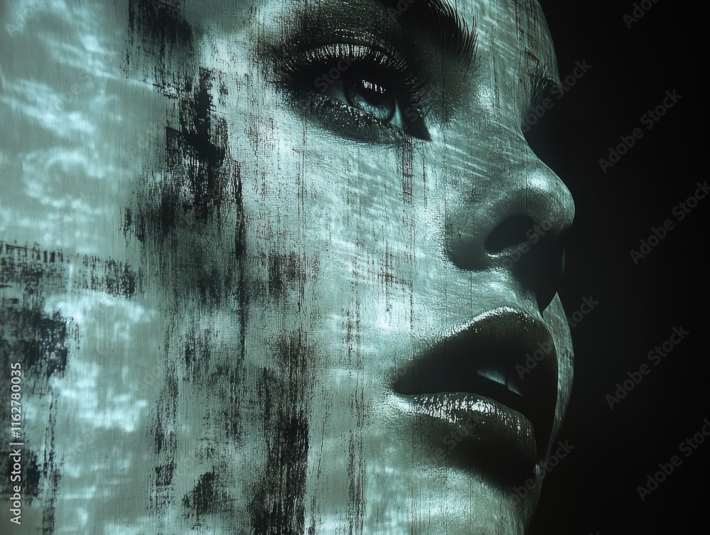 Aufkleber a captivating abstract representation of a woman's face merged with digital elements, exploring them
