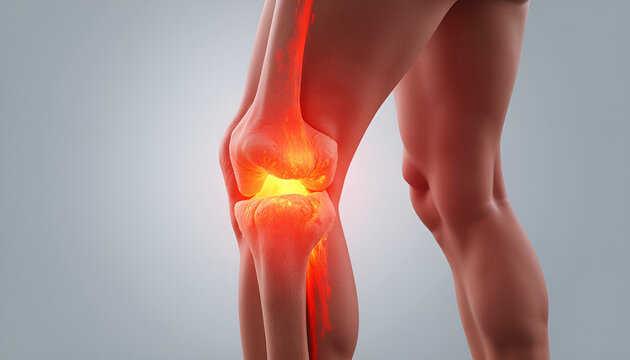illustration of a knee showing symptoms of rheumatoid arthritis with inflammation and pain