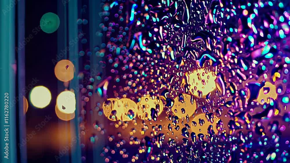 Poster raindrops on a window reflecting vibrant neon city lights, creating a colorful and atmospheric bokeh