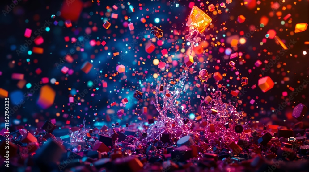 Poster The image is a close-up of a colorful, vibrant explosion of confetti with a dark background, creating a striking contrast.
