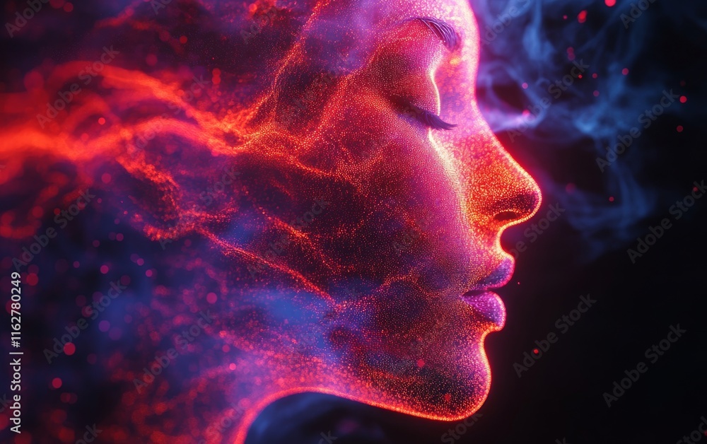 Poster a captivating portrayal of a woman's profile with vibrant colors and ethereal patterns, symbolizing 