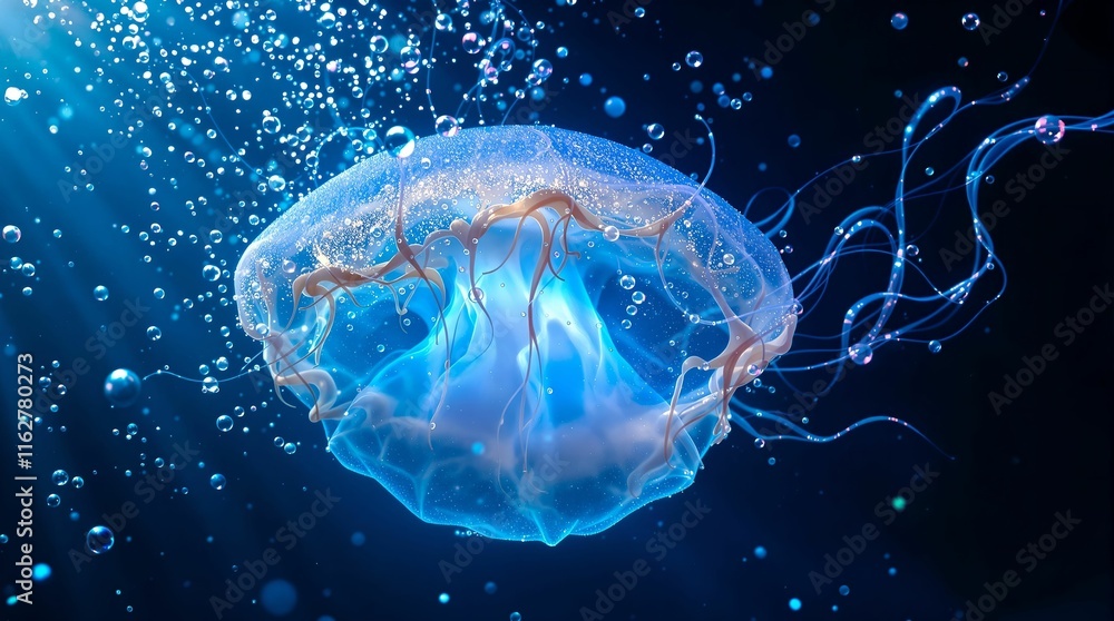 Aufkleber glowing blue jellyfish swimming in the ocean with bubbles surrounding it. the background is a deep b
