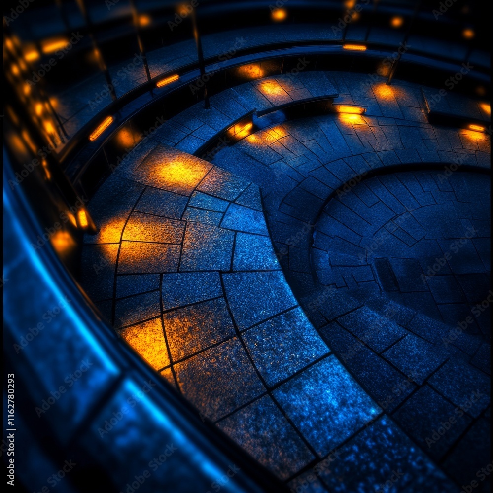 Poster a captivating spiral staircase illuminated by warm lights, showcasing intricate patterns and texture