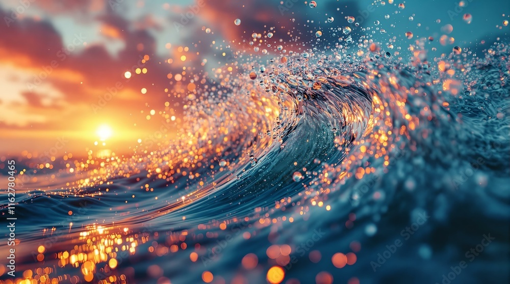 Aufkleber wave breaking in the ocean, with a colorful sunset in the background featuring shades of orange and 