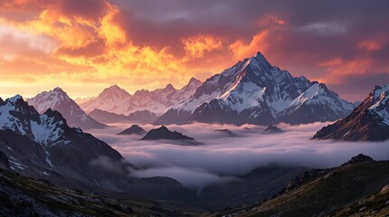 stunning mountain range during a vibrant sunset, with dramatic orange and purple clouds, misty valleys, and a prominent, snow-capped peak.