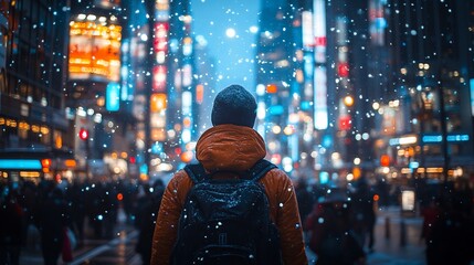 Fototapeta premium Person Stands Alone In Snowy City Night
