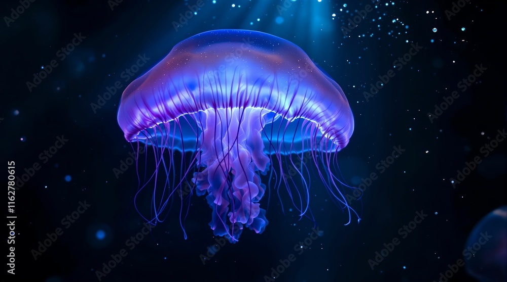 Poster vibrant purple jellyfish floating in the water, illuminated by a glowing light that casts a soft blu