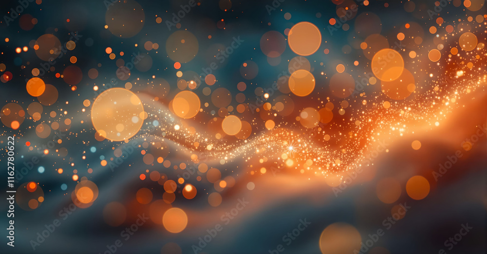 Poster digital art piece featuring a dynamic, wave-like pattern with a blend of orange and blue colors. The background is a gradient of dark blue to lighter blue, with small, scattered, glowing orbs adding a