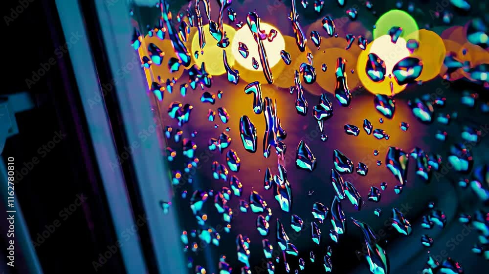 Poster raindrops on a window reflecting vibrant neon city lights, creating a colorful bokeh effect