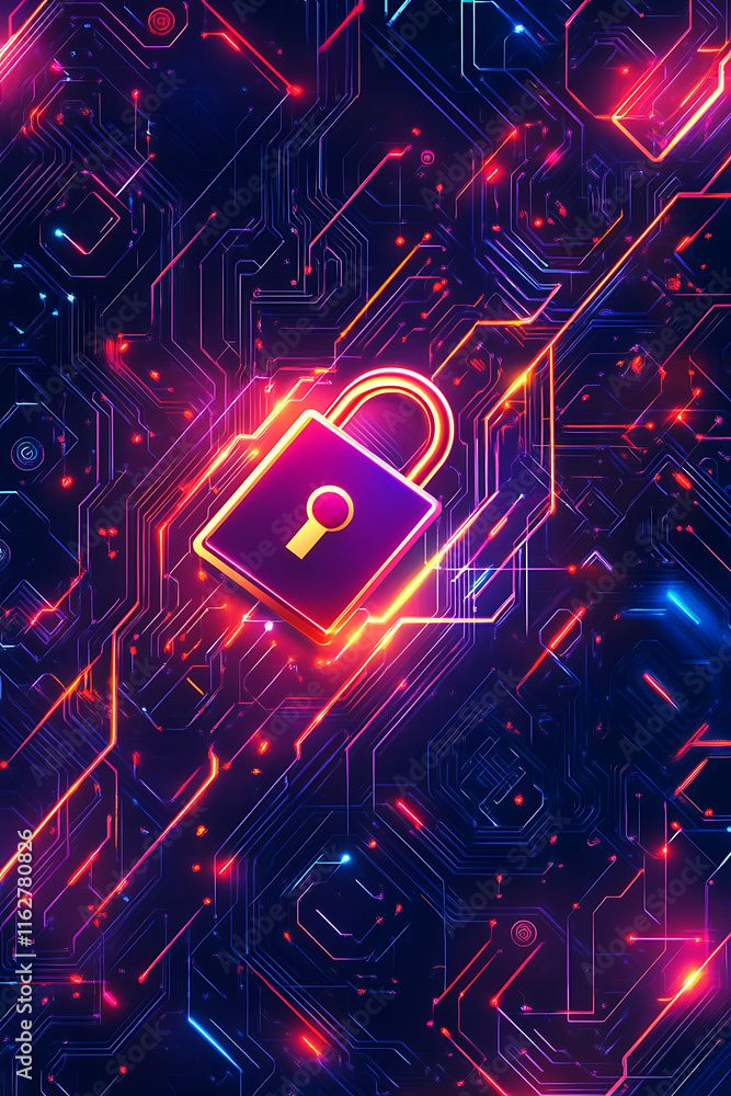 Poster a digital lock icon over a vibrant, circuit-like background representing cybersecurity.