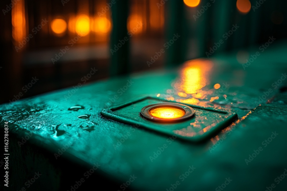 Poster a close-up image of a glowing button surrounded by raindrops, showcasing a blend of light and textur