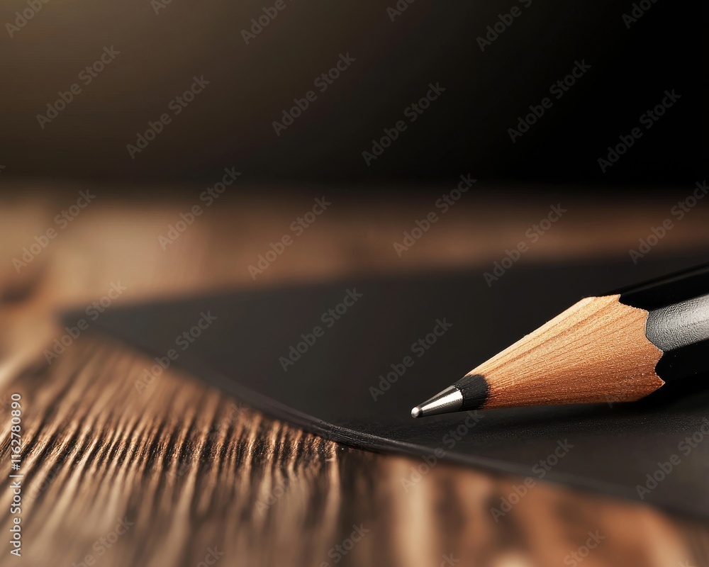 Poster a close-up image of a pencil resting on a dark sheet, emphasizing creativity and artistic expression