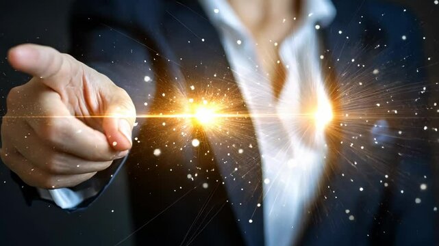 Business professional gesturing confidently with sparkles during a presentation in a modern office environment