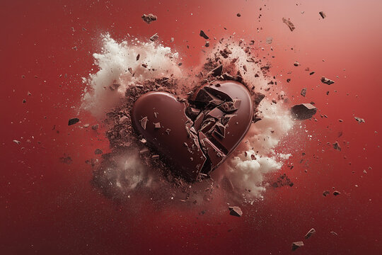 Exploding chocolate heart symbolizing unfulfilled love.