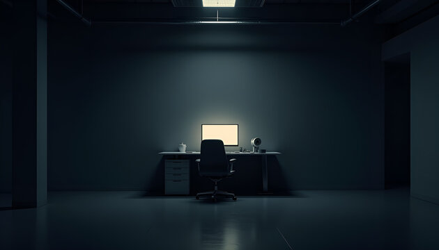 onely office desk with computer and chair in a dark workspace
