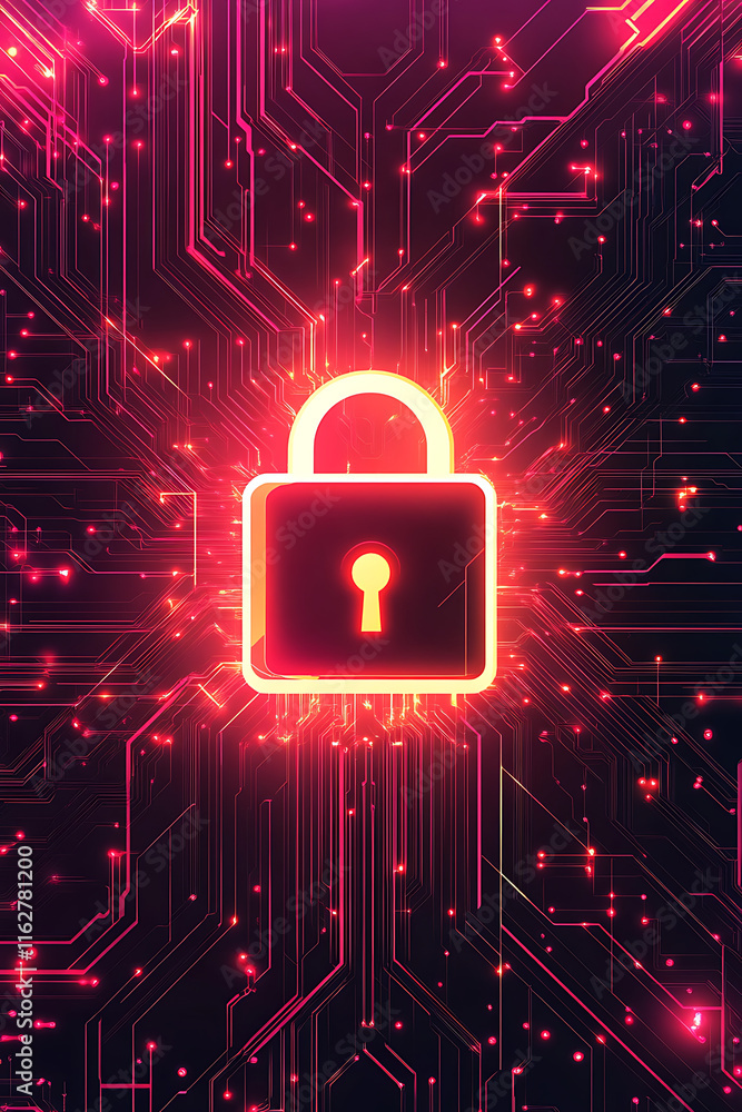 Poster a glowing padlock symbol on a circuit background, representing cybersecurity and data protection.