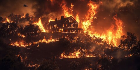 Obraz premium Dramatic Hollywood Hills Wildfire Scene with Burning Mansion