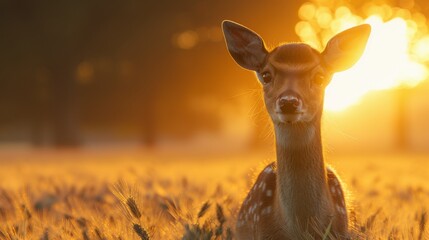 Majestic deer grazing in a golden wheat field at twilight  a serene and tranquil landscape