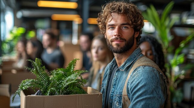 Employees gather in contemporary office support their departing colleague as he packs personal belongings into box showing empathy and sadness. warm atmosphere reflects human connections.